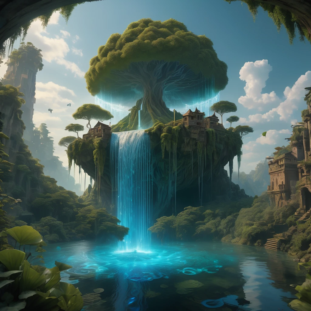 Waterfall Medium shot. Floating island in a sky, with holographic waterfalls and ancient symbols,  intertwined with bioluminescent vines. Wide angle lens. Vibrant dreamlike colors with volumetric mist and glowing detail. Holographic water ripples and bioluminescent leaves. Ancient symbols carve into the floating island's stone surface. Dynamic shadows and high contrast. Highly detailed, 32k UHD resolution, cinematic photography, professional-grade visuals, depth of field, high dynamic range, inspired by the works of M.C. Escher and Zdzisław Beksiński.