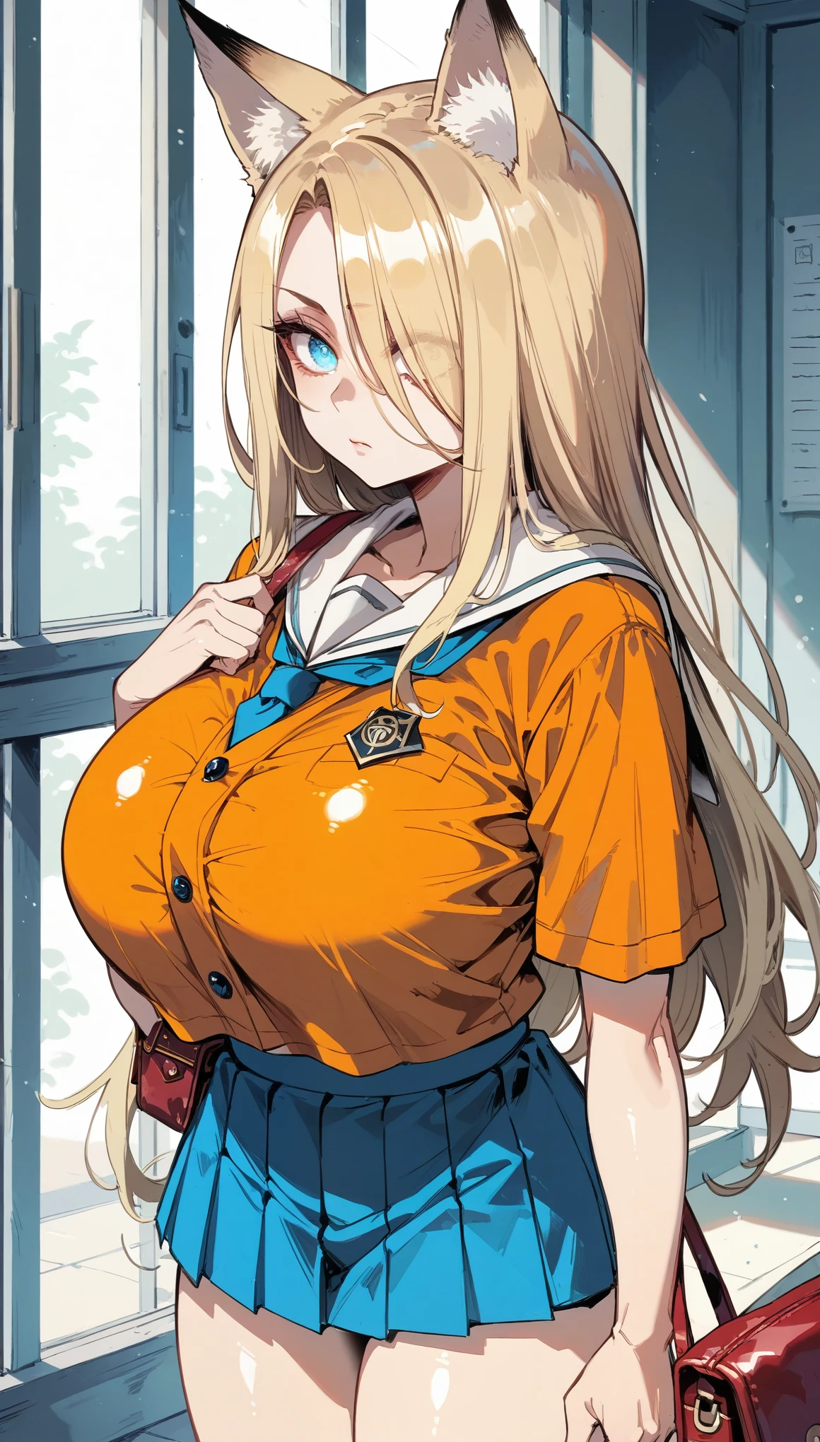 Cold Stare,(Fox Ears),(forehead,long hair over one eye),((side parted hair)),((huge breasts)),((Narrow eyes,Clear Eyes,Perfect Eyes)),Blonde,Long Hair,Old room,Magic School Uniform,Delinquent Girl,gal,mini skirt, clothes are exposed,put a bag on one's shoulder,Patting a child's head