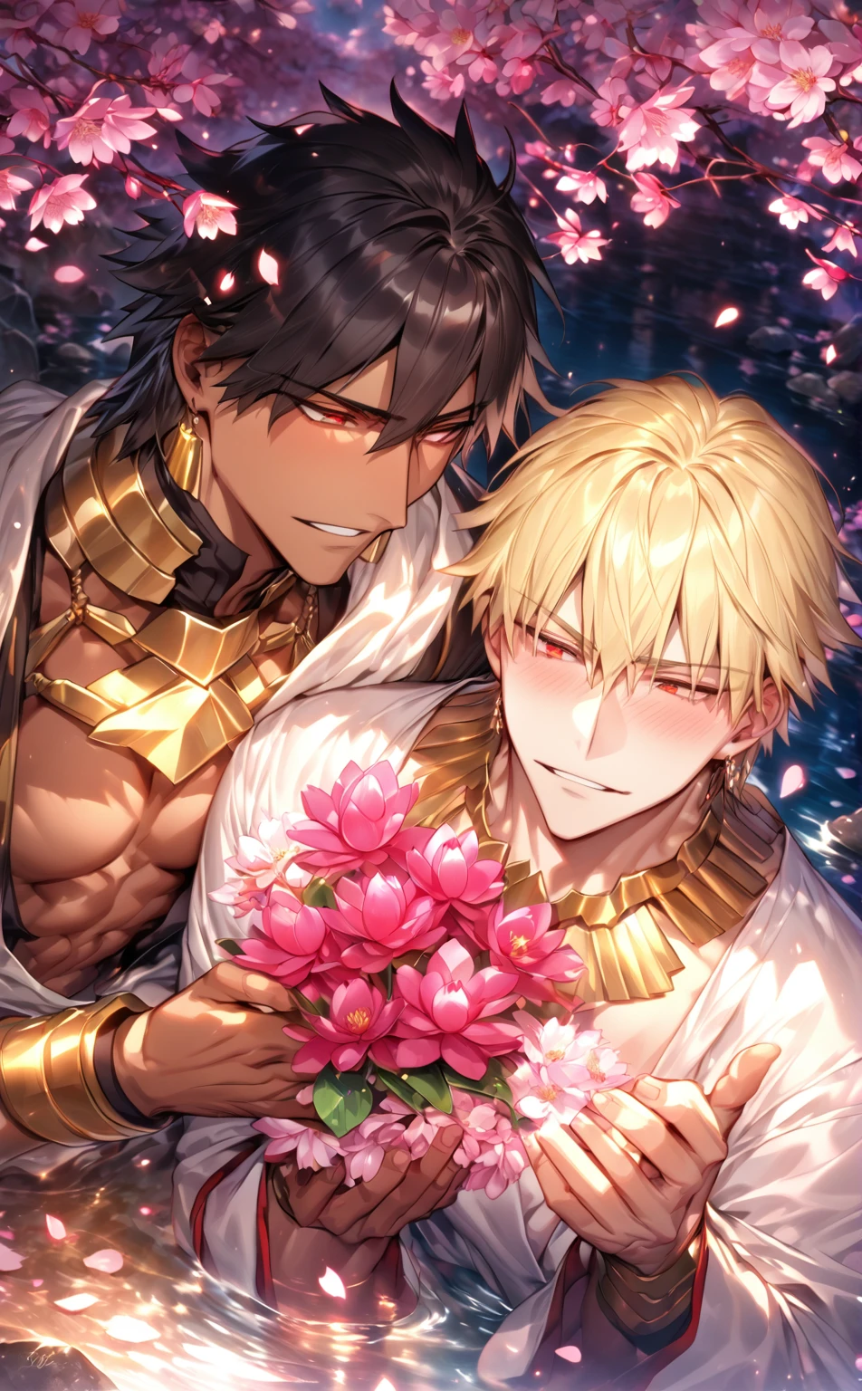 absurdres, highres, ultra detailed, HDR) master piece, best quality, extremely detailed, Gilgamesh, blonde hair, expressive red eyes, Fate Grand Order, tanned skin, Ozymandias, black hair, expressive red eyes, two sexy men together, gay couple, yaoi, in love, handsome, adult face, mature man, toned chest, black cropped vest, necklace, white tunic, fantasy, magical, pond, rocks, water, pink lotus, cherry blossoms, holding a bouquet 