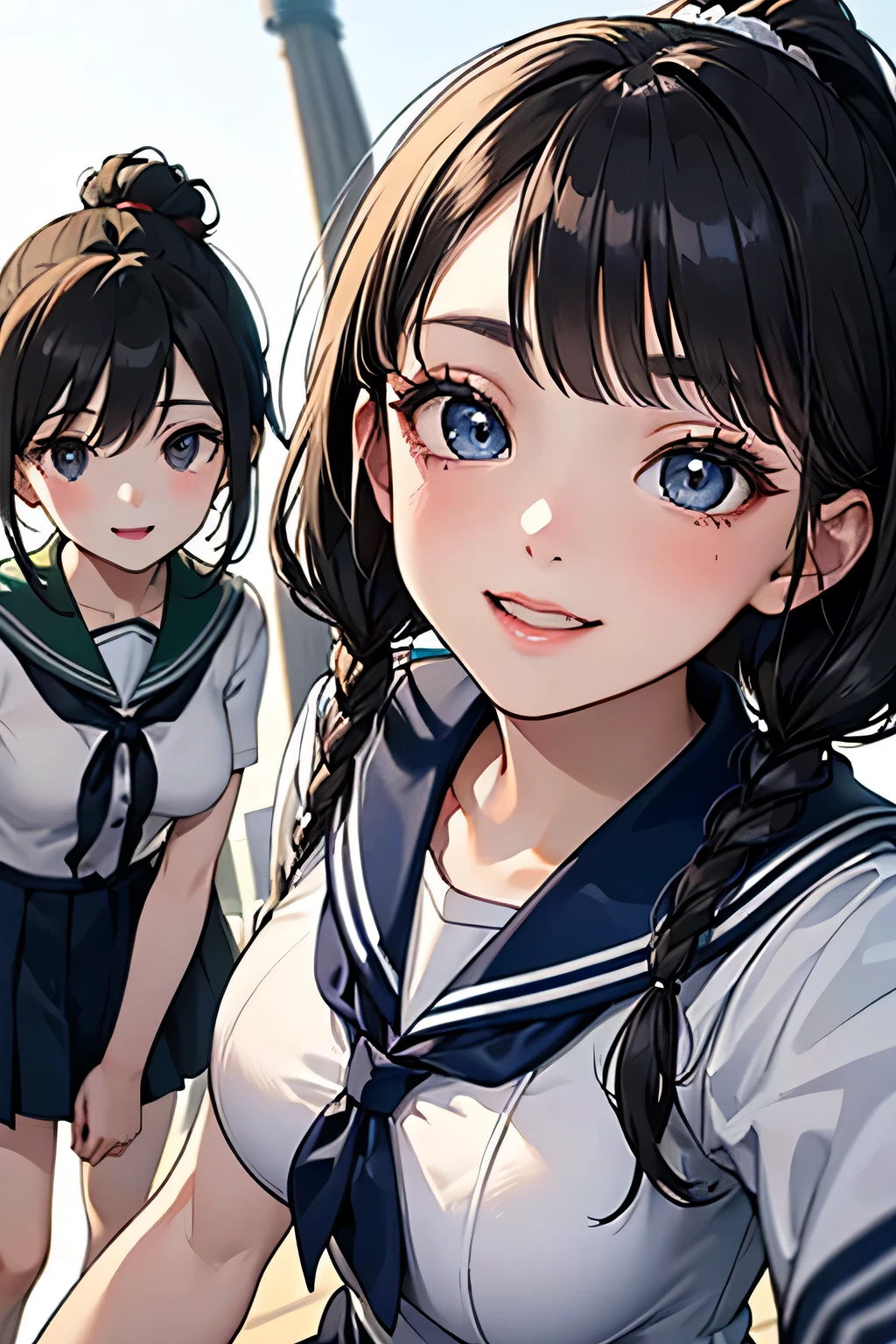 Best Quality、High resolution、Ultra HD、masterpiece、Detailed Background、(Beautiful face in every detail:1.4)、Highly detailed face、Anatomically correct、(Normal number of fingers:1.4)、Detailed eyes、Teenage beauty、(Huge breasts)、Perfect body line、ponytail、Braided bob cut、Twin tails、Shiny navy blue sailor suit、White sailor collar、Pleated skirt、White knee-high socks、JK uniform、School trip、A fun atmosphere、A playful feeling、cute gestures、A big smile、smile、
(Two beautiful girls taking a selfie with a famous spot in the background:1.5)、
(Close up from below:1.5)、
Odaiba Marine Park、Tokyo Skytree、Sensouji Temple、cute