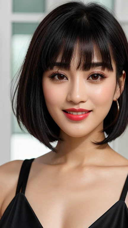 , imagine a woman with , ela tem pelos corporais preto with bangs, Black Hime Body Haircut, , korean, with short body hair with bangs, with short body hair, dilraba dilmurat, garota korean cruel, hairstyle with bangs style, with bangs, korean symmetrical,,,,,,,,,,,,,,,,,,,,, close-up makeup style shimmery blue eyeshadow complements her peach blush and vibrant light pink lipstick skin has a flawless, radiant finish with lighting that accentuates her makeup and natural beauty.. perfect smile, white teeth,,,,,,,,, (fully body),,,,,,,,,,,,,,,,,,bridal makeup, using a soft and romantic palette from Avon. The skin is velvety and flawless, with a light touch of pink blush on the apples of the cheeks. The eyes are softly smoky in shades of pink and brown, with elongated and delicate eyelashes. The lips are a natural pinkish tone, with creamy finish. Lighting should be soft and romantic, enhancing the perfection of the skin and the brightness of the eyes.",,,,,,,,,,