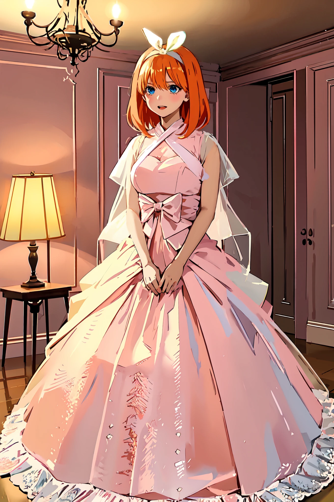 Yotsuba nakano, long iridescent organza dress, fluffy organza dress, veiled dress, extremely detailed, extremely pretty, long full dress, sparkling pink dress, sparkling threads in hair, short orange hair, green ribbon, blue eyes, splendid, gorgeous, dramatic lighting, sweet face,cute expression, embarassed