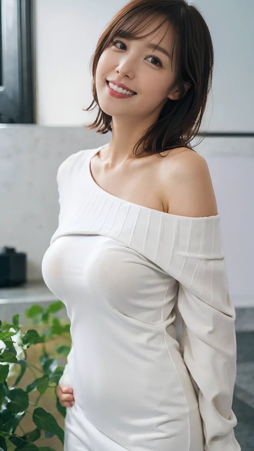 masutepiece, Best Quality, Photorealsitic, finely detail, hight resolution,beautiful japanese woman,beautiful detailed eyes, beautiful detailed lips, extremely detailed face, small head, small areola, cinematic lighting, photorealistic, 8k, high quality, hyper detailed, look at me,smile,(off shoulder,white knit),short hair,(random outside location),(big breasts:1.4),full body, (Breast bulge:1.2),slender