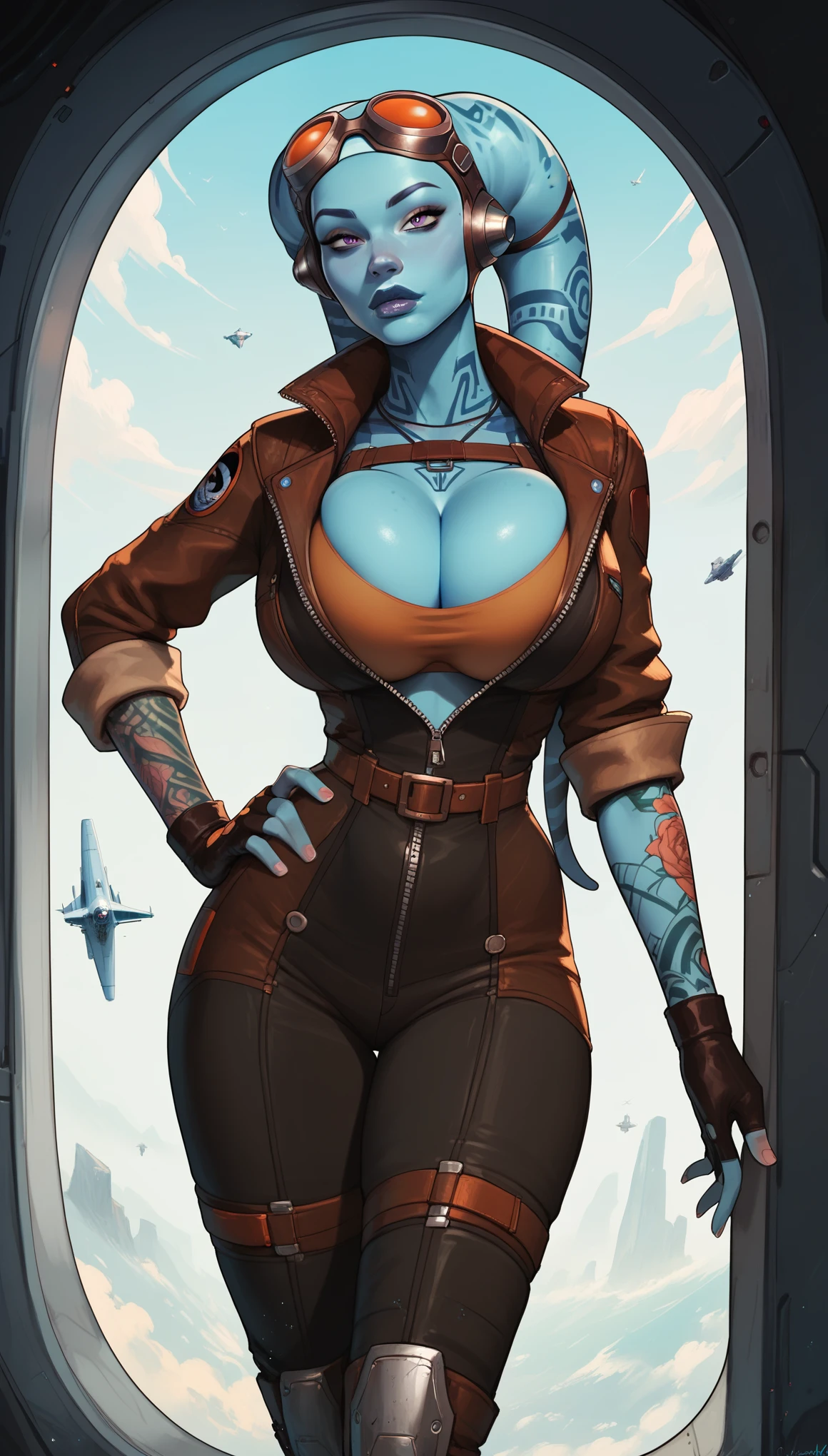 Blue Skin Twi'lek, pilot, huge breasts, sly purple eyes, sharp facial features, gorgeous, big blue lips, bursting breasts, pushed-up cleavage, black and dark grey futuristic flight suit, rolled-up sleeves, visible bra cups, skindentation, utility belt, goggles on forehead, fingerless gloves, tattoos, cleavage, tall, graceful, long legs, athletic, slim hips, small waist.  Action scene, starship interior. Hand on hip. coy expression.