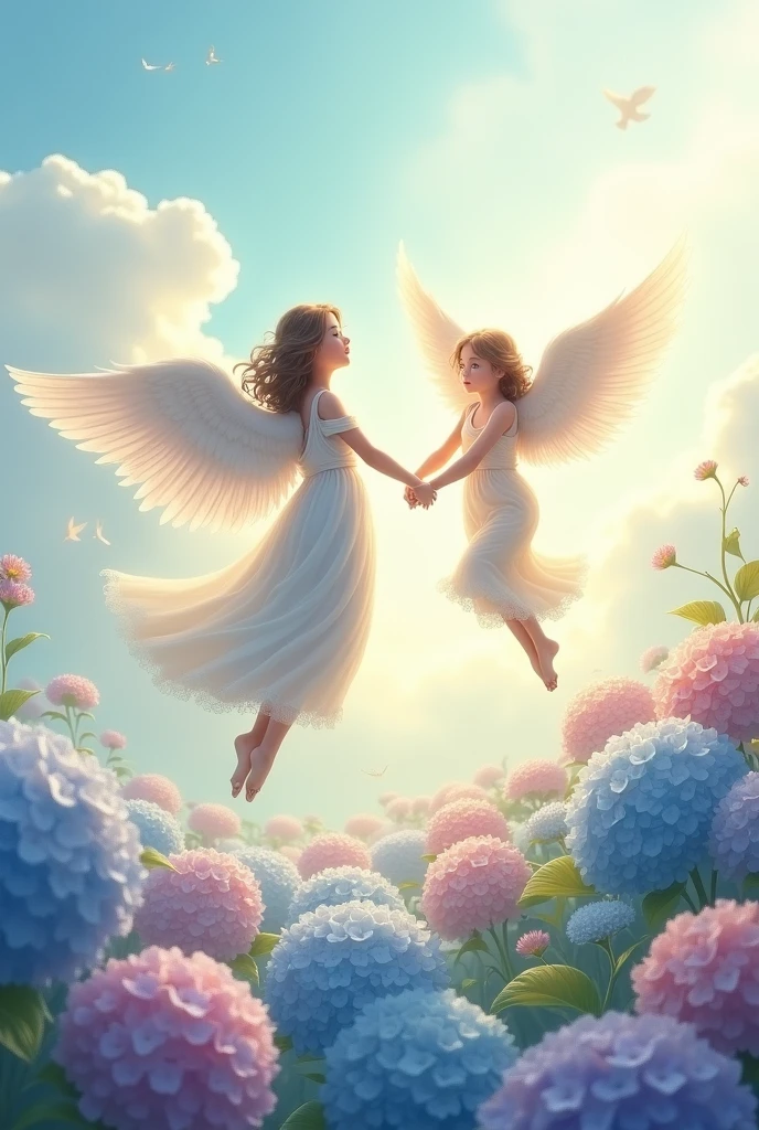 (Photorealism:1.2) a garden of red roses and burgundy tulips , golden rays of sun , and angels flying with reddish lights