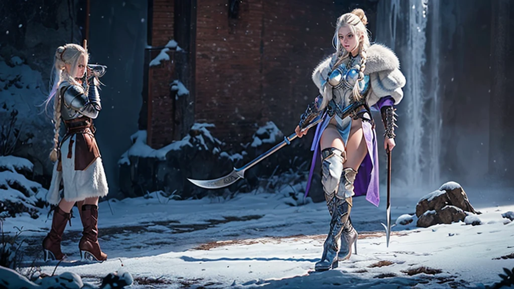 female fantasy character, warrior,cold winter,  crystal light armor, feminine concept, robotic arm, albino, high heels boots, pale skin,purple eyes, side cut hair, long hair, white hair with braids, athletic body, viking hairstyle, animal fur coat, viking axe with ice spikes on the edge 