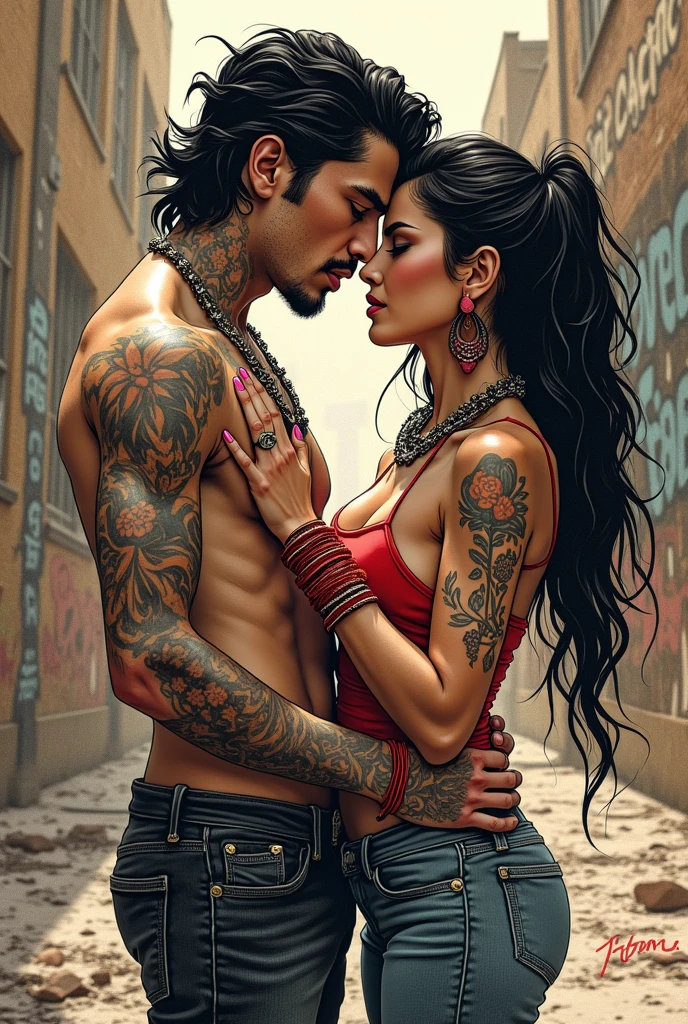 long shot full view 2 people 1 woman sitting on man&#39;s shoulders hugging him and biting his cheek standing on the seashore ,attractive man short hair shaved on the sides black with white highlights disheveled ,gray-green eyes, seductive look, full lips ,strong, piercing,tattoos, dressed in yellow sarong barefoot , delicate and beautiful woman with black hair and dreadlocks, Cuban features,green eyes,marked chin,eyelashes, full lips, tattooed skin, 