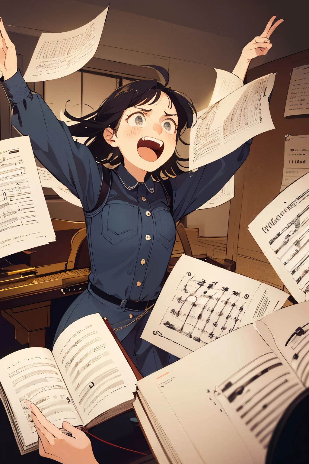 An illustration of a girl screaming in front of a piano add a few musical notes, medication blister packs and a book around her