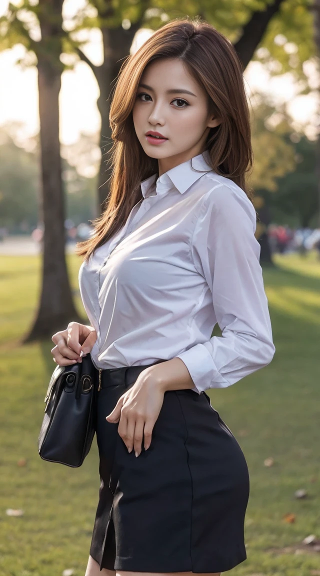 masterpiece, Best Quality, Realistic, Very detailed, Delicate details, High resolution, 8K wallpaper, 1. Beautiful woman, Wear casual business attire, In the park where the morning sun shines, early morning, Light brown messy hair, Perfect dynamic composition, Beautiful and exquisite　Provocative pose　Provocative look　Sexy lips　