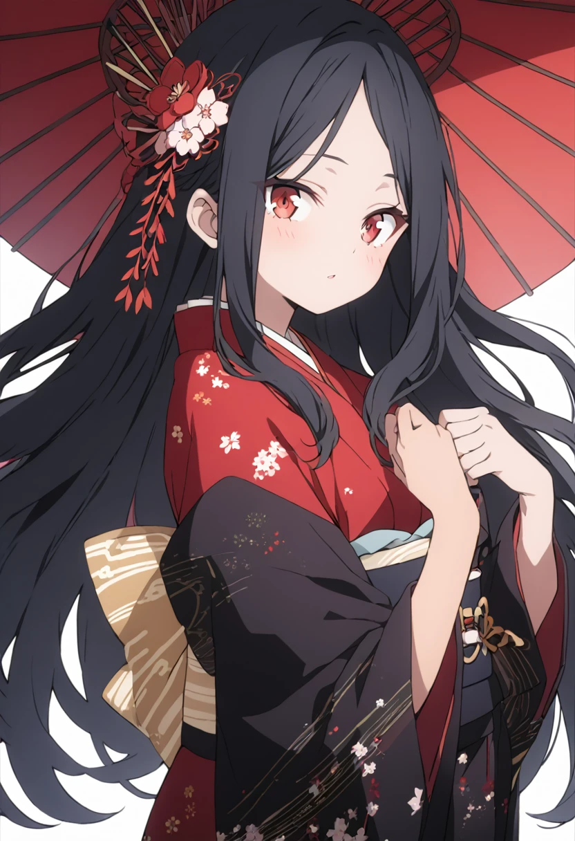 Black long hair, Crimson-Red eyes, black and red Japanese kimono, pale-tan skin, female