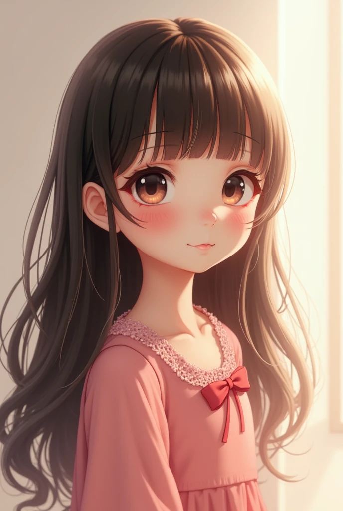 A girl who appears to be 1 with characteristics from the anime Diabolik lovers with long straight black hair with. White skin and angelic appearance and clothes in shades of pastel pink and white.