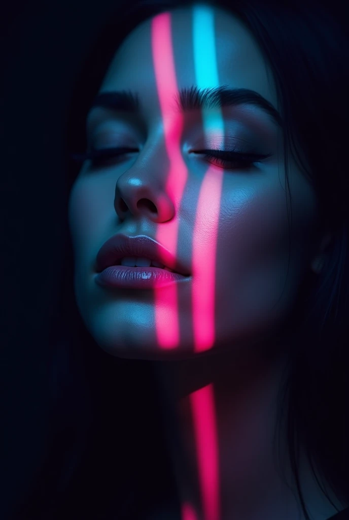 A close-up of a woman's face with closed eyes and slightly parted lips, in a state of contemplation or ecstasy. The image is overlaid with vibrant vertical stripes of varying colors, ranging from deep blues to bright pinks. Above her, the words 'TAKE ME AWAY' are written in bold, white letters. The background is dark, which contrasts with the bright colors of the stripes, making the woman's face the focal point.