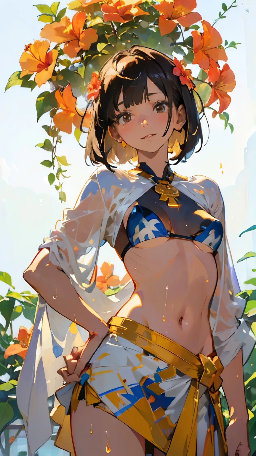 (Best Quality, masterpiece, High resolution)、(Anime Art)、 (reality)、Beautiful woman、(1 female)、(Trumpet Creeper Flower)、(Please put your hands on your hips)、(Detailed depiction of a beautiful face)、Smiling gently、chest、Slim figure、medium Short Hair、Semi-long、Two-tone hair、Wet、sweat、bikini、micro bikini、A pareo skirt with bold ethnic patterns and plenty of primary colors、Realistic Skin、Wet、whole body、No zoom、No close-ups、Cinematic Light、Tropical Colors、(Blank Background)、(White background)、Perfect Face, Cute and symmetrical face, Shiny skin, Sunburned skin, (Short Hair:1.2, Bobcut:1.2, Brown Hair), Asymmetrical bangs, 