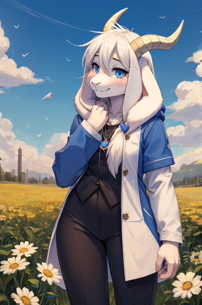 woman,  adult, shy, facial expression (embarrassed), shy, alone, in a field of flowers, furry, goat, anthropomorphic goat, Asriel, Undertale ((Asriel Dreemurr)), medium large breasts, big ass, wide hips, slender, tall, female body ((long hair, long white hair, straight hair)), blue eyes, anthropomorphic face, cartoon, smile, Eskimo coat ((blue coat, no drawing, Eskimo coat)), metacarpal paw , black blouse ((white heart in the middle, black pants)), wears a golden heart pendant, goat's tail, short horns, white horns ((droopy ears, big ears)), goat's paw, anthropoporphic paw, detailed, better quality, better detail, details and quality.