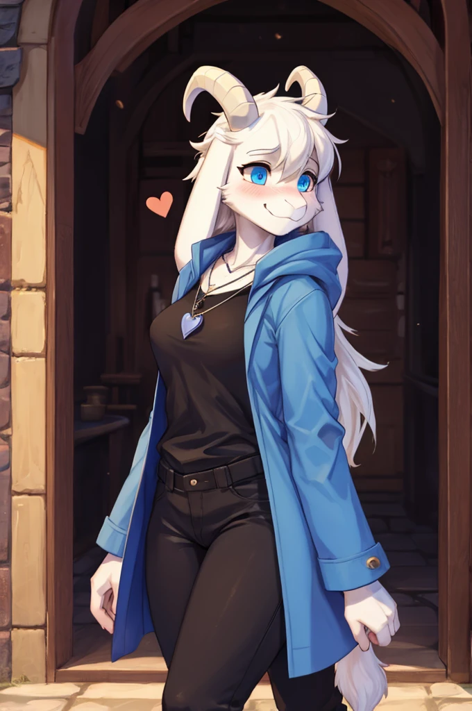 woman, young adult, shy, facial expression (embarrassed), shy, alone, walking through a kingdom, furry, goat, anthropomorphic goat, Asriel, Undertale ((Asriel Dreemurr)), medium large breasts, big ass, wide hips, body female slender, tall, ((long hair, long white hair, straight hair)), blue eyes, anthropomorphic face, cartoon, smile, Eskimo coat ((blue coat, no drawing, Eskimo coat)), metacarpal paw, black blouse ((white heart in the middle, black pants)), wears a golden heart pendant, goat's tail, short horns, white horns ((droopy ears, big ears)), goat's paw, anthropoporphic paw, detailed, best quality, better detail, details and quality.