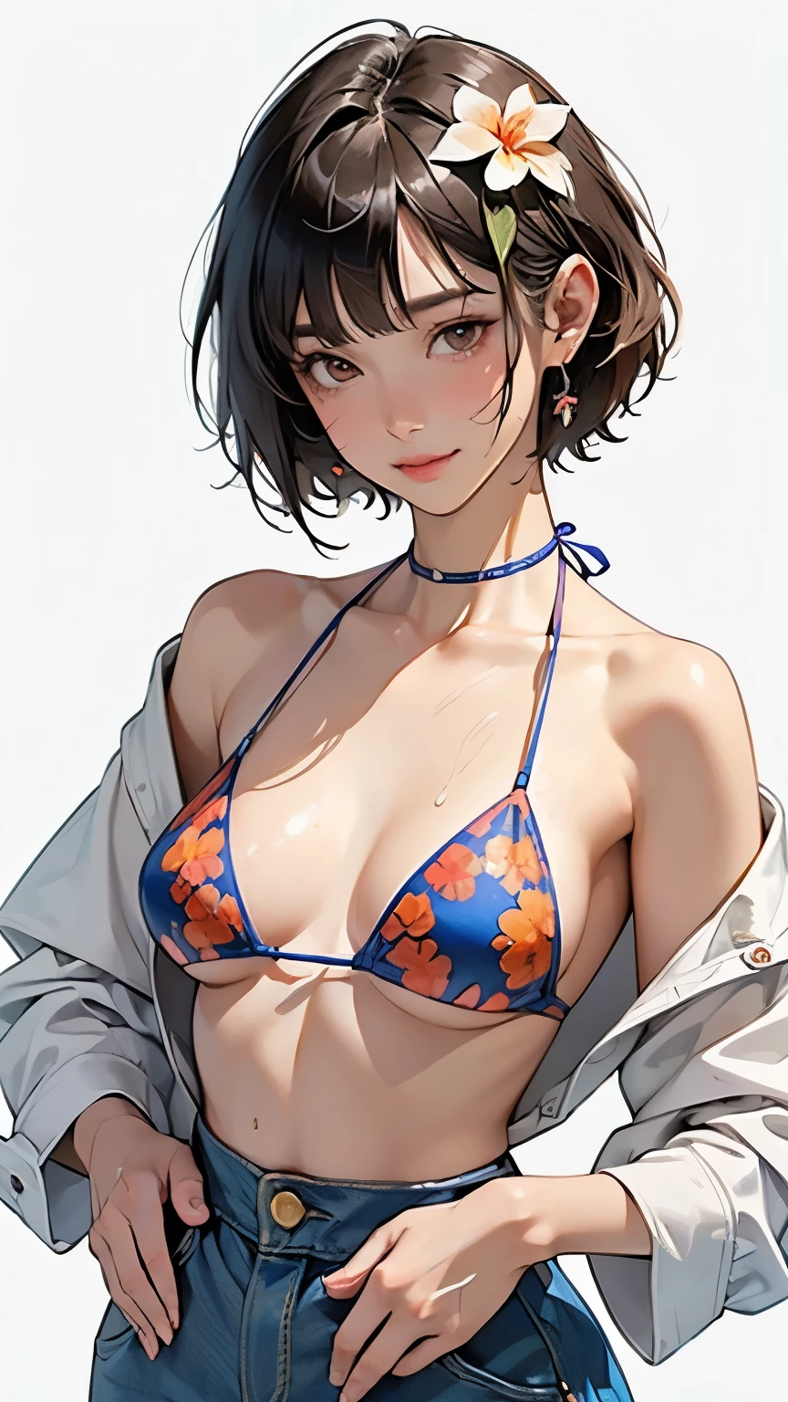 (Best Quality, masterpiece, High resolution)、(Anime Art)、 (reality)、Beautiful woman、(1 female)、(Trumpet Creeper Flower)、(Please put your hands on your hips)、(Detailed depiction of a beautiful face)、Smiling gently、chest、Slim figure、medium Short Hair、Semi-long、Two-tone hair、Wet、sweat、bikini、micro bikini、A pareo skirt with bold ethnic patterns and plenty of primary colors、Realistic Skin、Wet、whole body、No zoom、No close-ups、Cinematic Light、Tropical Colors、(Blank Background)、(White background)、Perfect Face, Cute and symmetrical face, Shiny skin, Sunburned skin, (Short Hair:1.2, Bobcut:1.2, Brown Hair), Asymmetrical bangs,