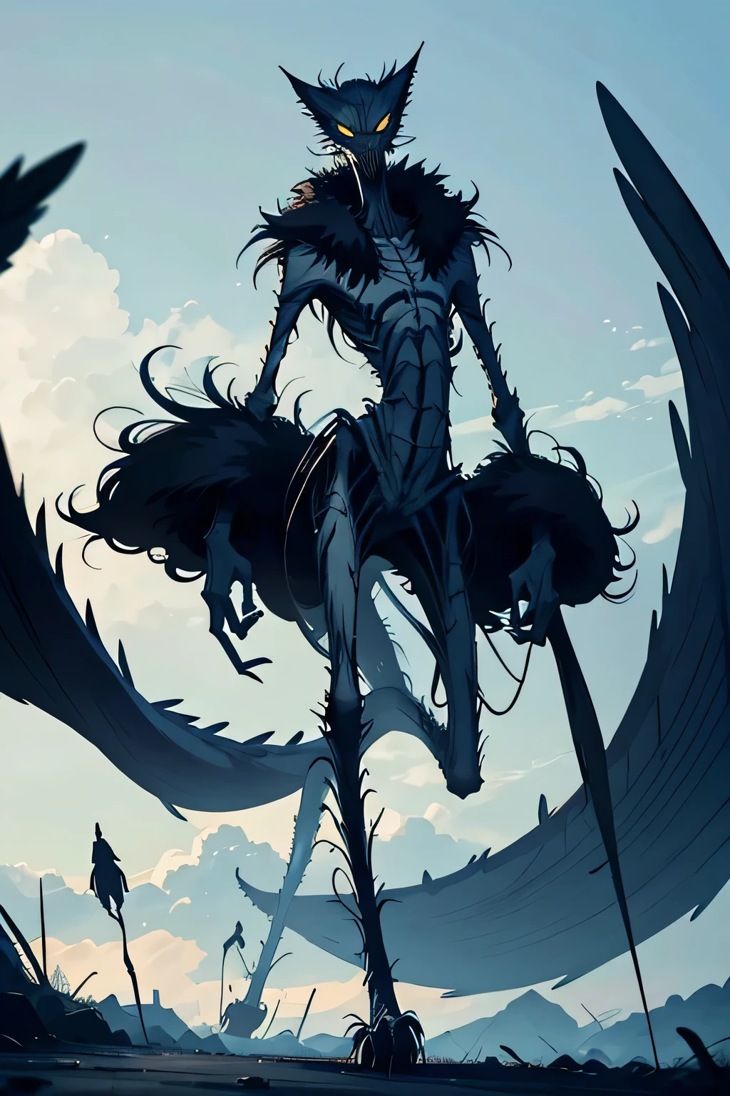 (arachne:1.3), arthropod limbs, 1boy, (adult male:1.2), bust, (solo), grey hair, short hair, hair between eyes, fair skin,white, morbid, smirk, solo, orange eyes, forest background