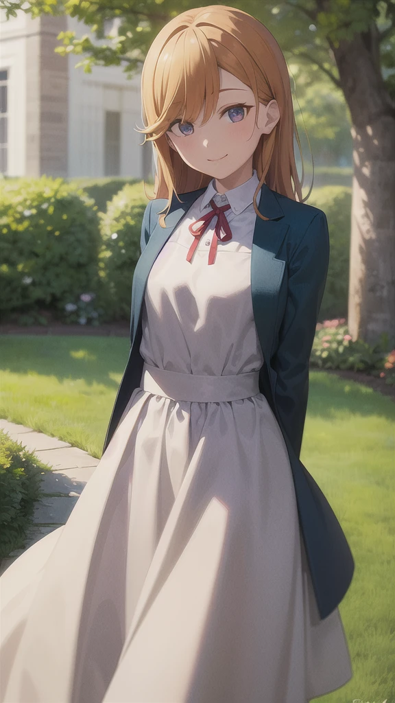 (masterpiece, best quality, ultra-detailed), (illustration), (beautiful detailed eyes), (1girl), (solo),
shibuya kanon,
long sleeves, white shirt, collared shirt,  open jacket, red ribbon, neck ribbon, (blue jacket), pinafore dress, grey dress, yuigaoka school uniform, short dress,
outdoors, arms behind back, cowboy shot, smile, looking at viewer,