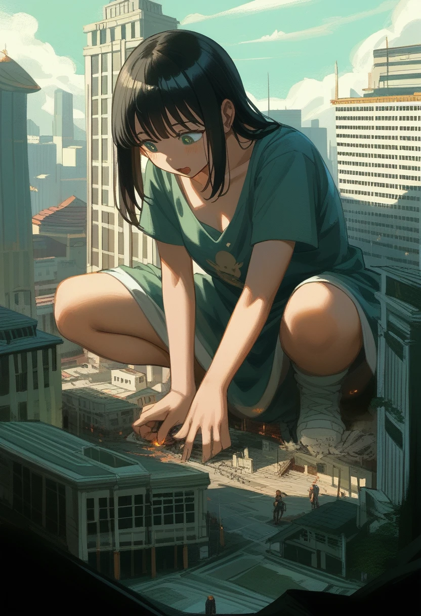 Giantess、Giantess Woman、Giantess、Dynamic Lighting、Looming、Crouch down、sit、A woman bigger than the building、8k、High Quality、high quality、Draw women big、Robot Body、A woman with a body made of iron、A woman bigger than the building、Black Hair、Small breasts、Miniature Buildings、Miniature city、Miniature destroyed buildings、Giant destroying buildings、Destroying a building with hands、Ruined City、Broken Building、City in Ruins、big disaster、Aerial photo