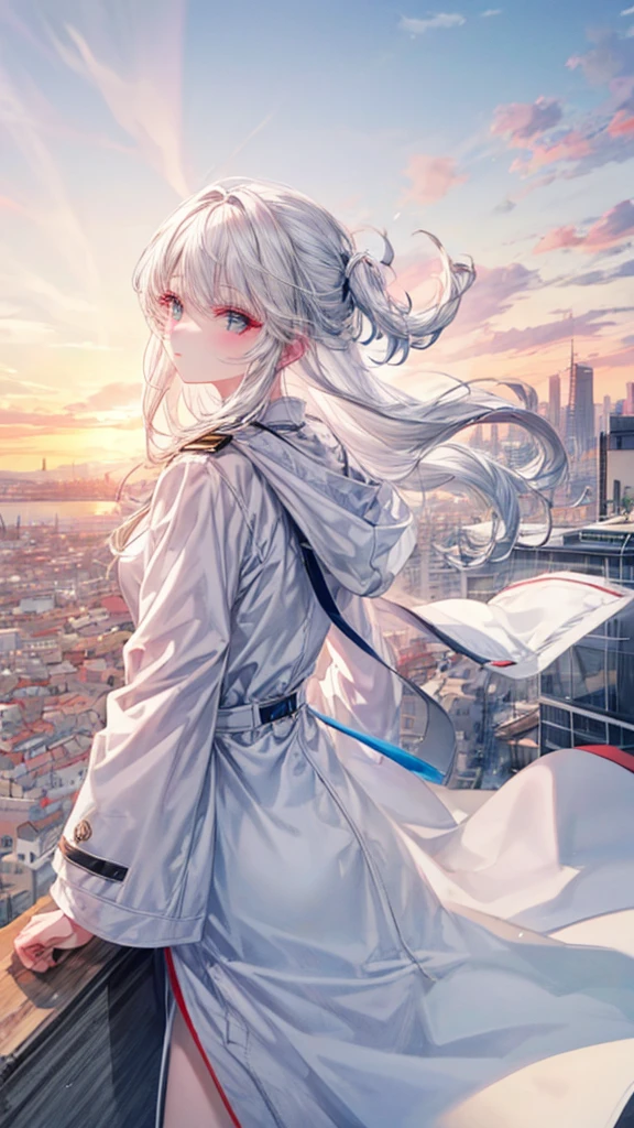 white hair, back view of girl, white coat,  City view, overlooking the city, view from the top of the cliff, exhilaration, wallpaper, 4k wallpaper, masterpiece, perfect face,rural town,port town,Ghibli work, sunset, spring