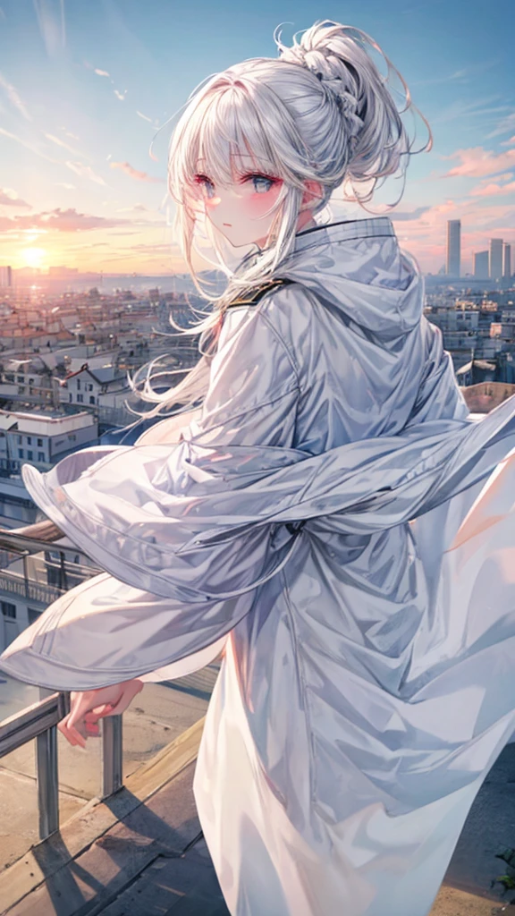 white hair, back view of girl, white coat,  City view, overlooking the city, view from the top of the cliff, exhilaration, wallpaper, 4k wallpaper, masterpiece, perfect face,rural town,port town,Ghibli work, sunset, spring