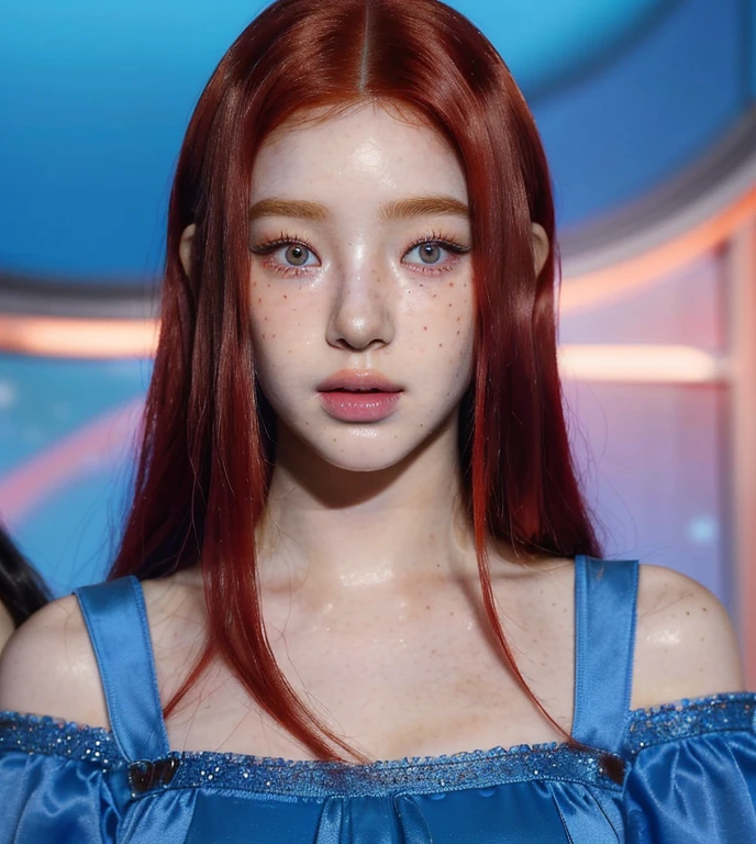 ((best quality)), ((masterpiece)), (detailed), full body, Perfect body, perfect face, Beautiful female cosmic entity, glowing red hair, nude, naked, hourglass body, glowing orange eyes, blue skin, white freckles, masturbating, squirting