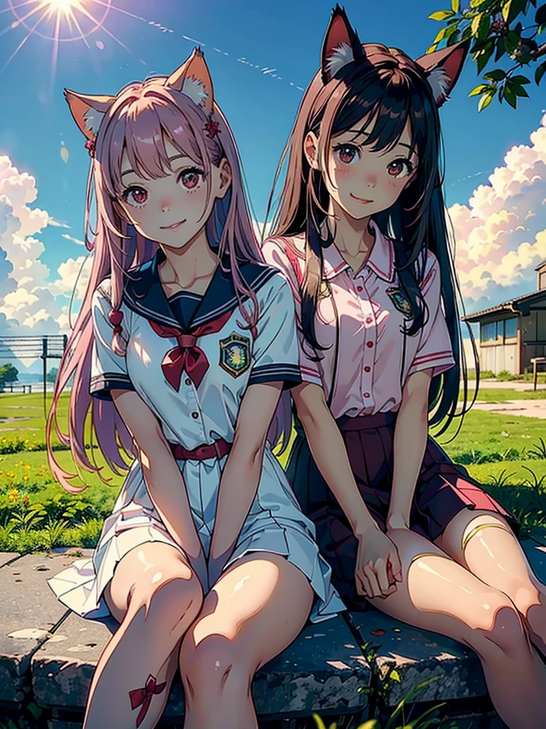 (highest quality, masterpiece, High resolution)、(anime)、brown pink hair、pink red Cat Costume、pink uniform dress outfits 、(Cat ear)、long hair、hair ornaments、Cute face details、enchanting smile、small breasts、whole body、Crackers popping、 Decoration、((bright sky background))、uniform 、smile 、happy、sunny background 、uniform suite outfits、sakura flowers、sitting down 、fully clothed、nature background、Brazilian model、school uniform、 ((sunny background))