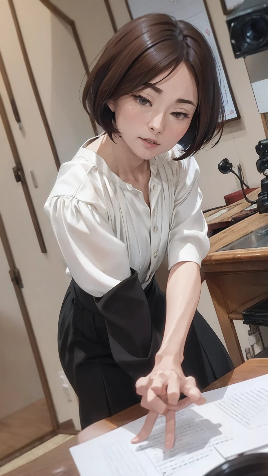 ((Best Quality)), ((8k)), ((masterpiece: 1.3)), (Perfect appearance), (Photorealism: 1.6), (OY), (Genuine:1.4), (Japanese Mature), Perfect Anatomy, (50 years old), Short Bob Hair,