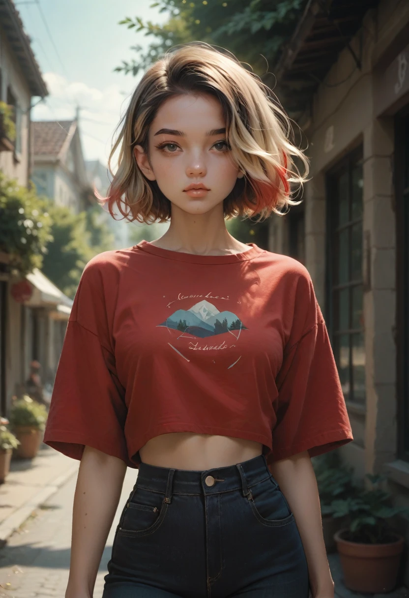 A waist-up portrait of a young beautiful of mixed-races girl,, soft natural skin, medium bob hairstyle, brunette with blonde highlights,   red shirt black jeans, outdoor settings