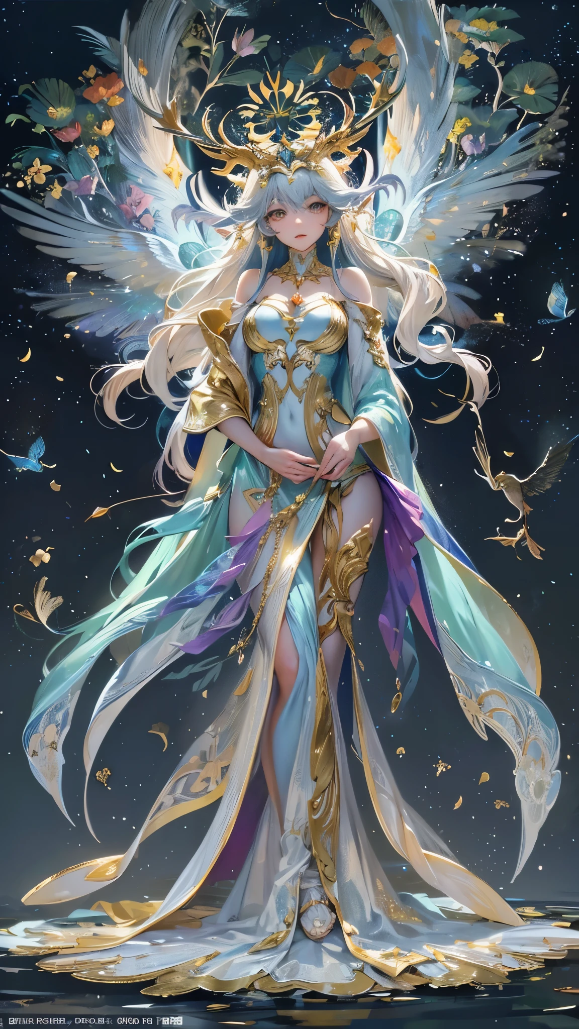 A beautiful woman with perfect features stands near perfection, her shapeless long hair cascading down in intricate waves, adorned in a Rococo style evening dress. The ethereal background radiates abstract beauty, with intricate details that align with the Golden Ratio. The minimalist design, though unfinished, showcases a concept art piece by Brian Froud, Carne Griffiths, and Wadim Kashin. The high-resolution image, rendered in 8k post-production, exhibits every detail with pinpoint sharp focus and superb intricacy. Studio photos reveal the perfect form of the woman, with her skin displaying intricate textures that seem to shimmer under the
