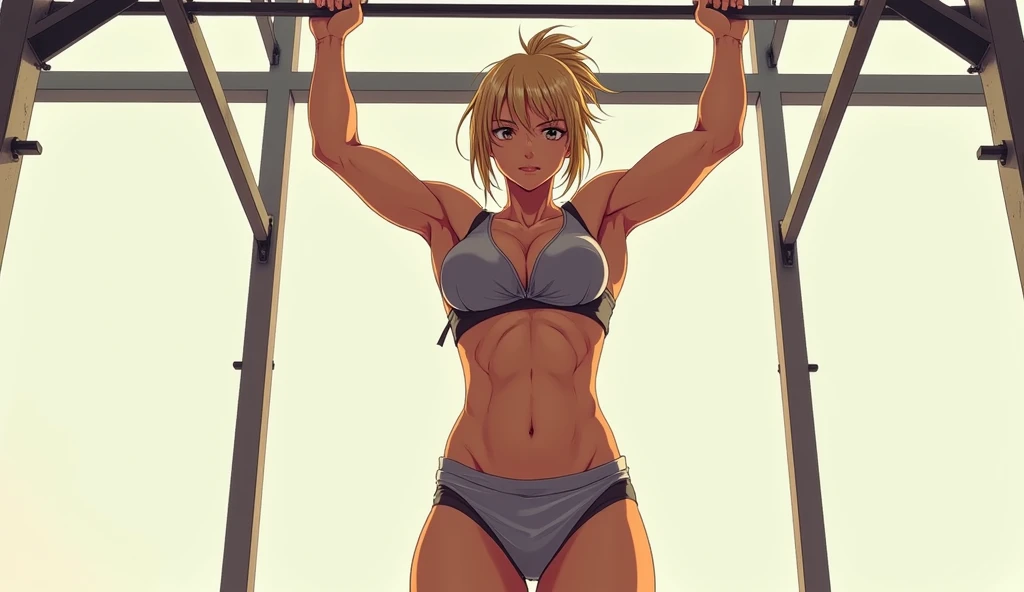 An image in high resolution captures a woman with a mischievous expression, short blond hair framing her face, captivating very blue eyes, and a seductive smile. Her toned and (((muscular body))) is flawless, She is on the beach, using a white bikini. She is holding a volley-ball. She is all wet and blush, with a offegant face, Full body, big ass. Emphasis on the butt
