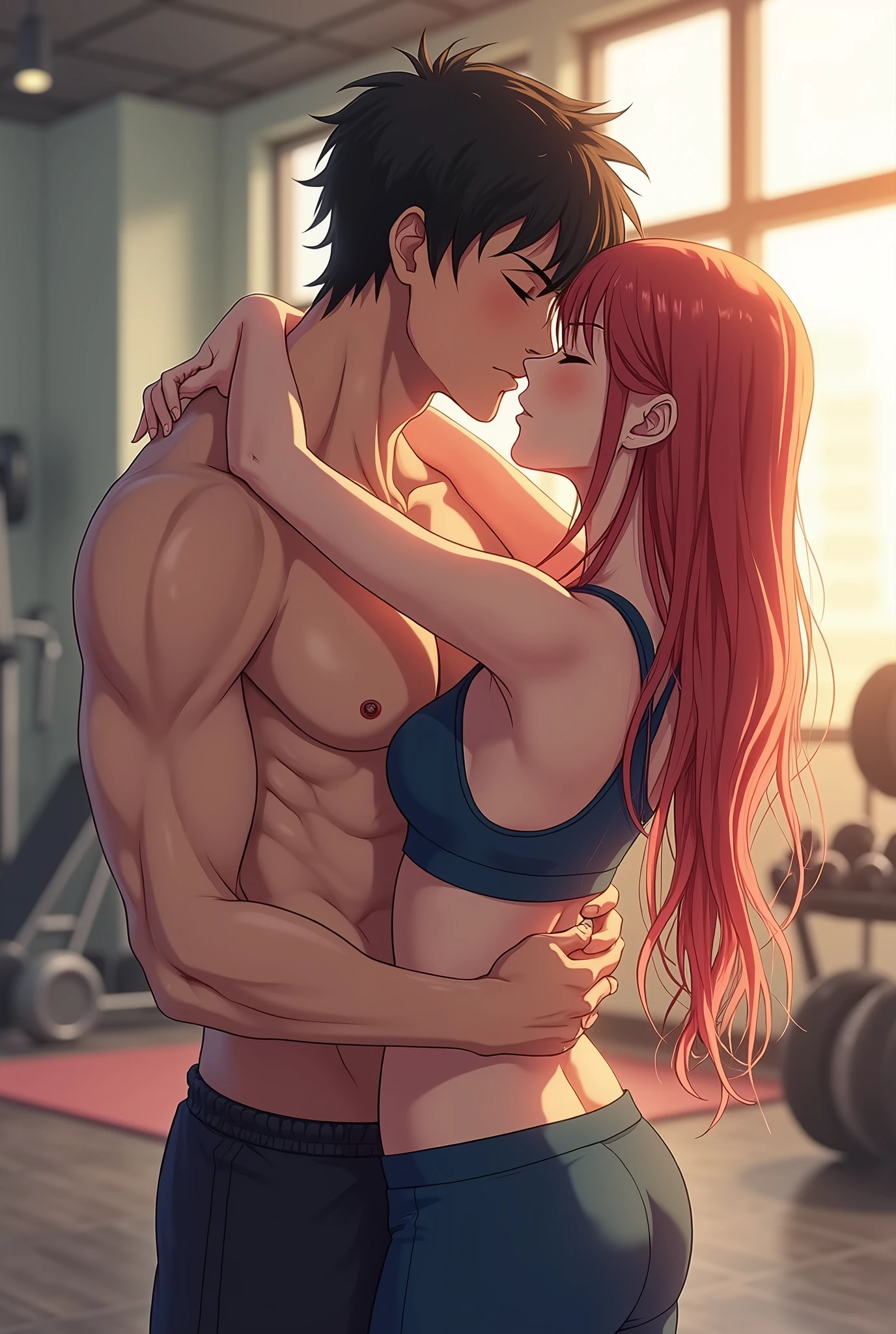 1girl, 1man, duo, a man with long red hair and green eyes and freckles getting force to mate with a girl with black hair, the man is muscular, girl sitting on man laps, girl leans on the man chest, girl arms over man shoulder, man grab girl waist, kissing, sweating alot, saliva, Drooling, blushed, shiny skin, aroused, shirtless man, man wearing red sweat pants, girl wearing green sport bra with sleeves, girl wearing black sweat pants, this scene is shoot at the gym