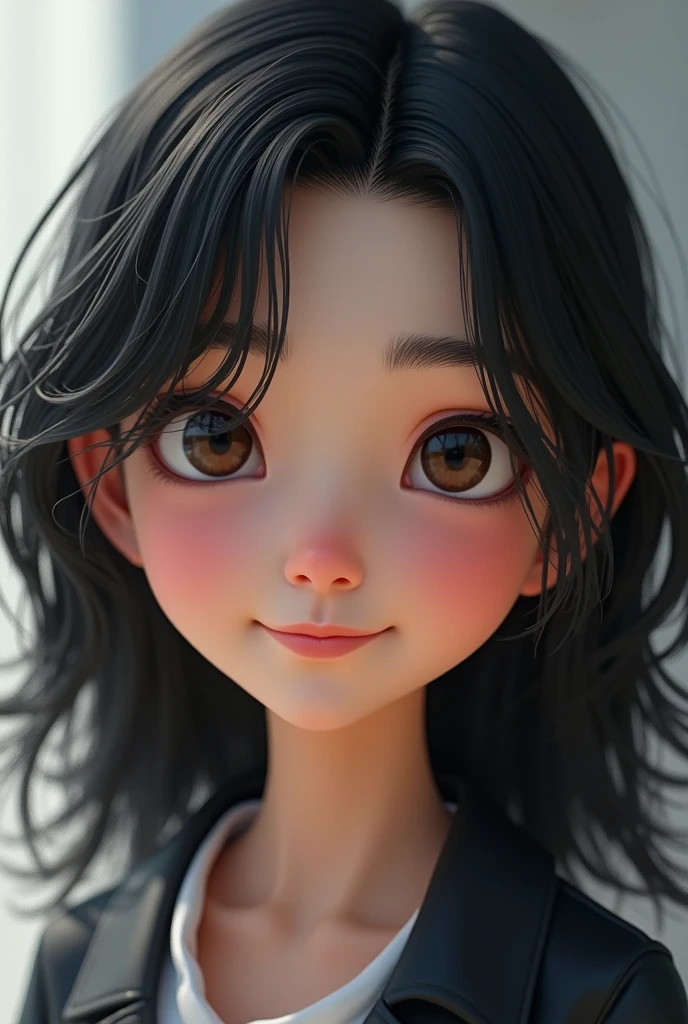 a teenage girl with a nose piercing, cute smile short black straight hair
