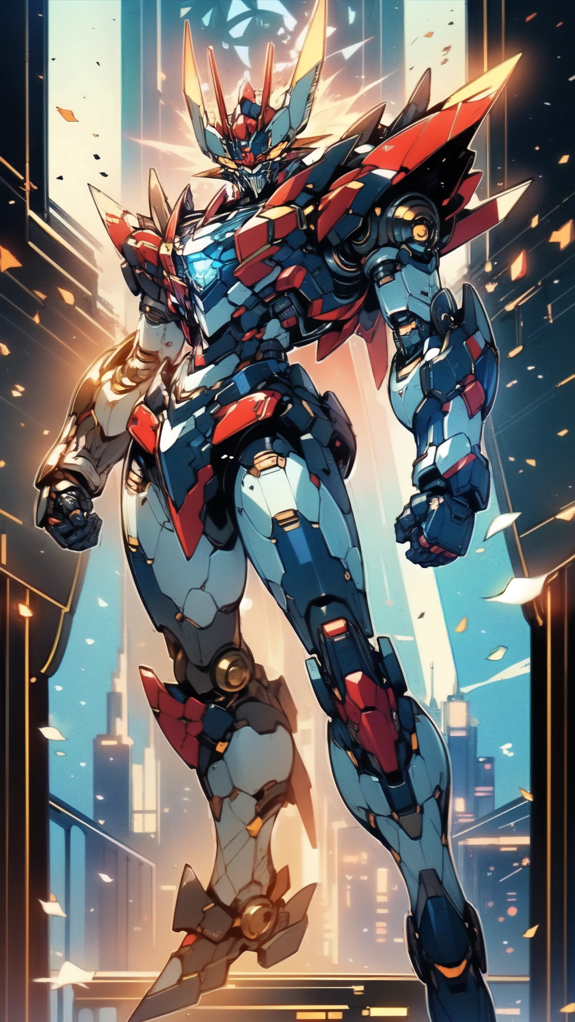 (masterpiece:1.5, best quality:1.5, extremely delicate:1.5), (male:1.5), humanoid Mecha, fully enclosed shoulder guards, matching arm and leg guards, full body, full armor, the design balances heavy with agility, (the color scheme is primarily White with Blue and Red accents, the concept Inspired by Mazinger Z, SRS), organic biotech armor, standing, floating high above the futuristic sci-fi city, exquisite and mature art style, (aura effect, glowing eyes, the armor glows), metallic, dramatic, high definition, highres, ultra-detailed, ultra-fine painting, professional, perfect body proportions, anatomically correct, symmetrical face, extremely detailed eyes and face, high quality eyes, creativity, RAW photo, UHD, 32k, Natural light, cinematic lighting, masterpiece-anatomy-perfect