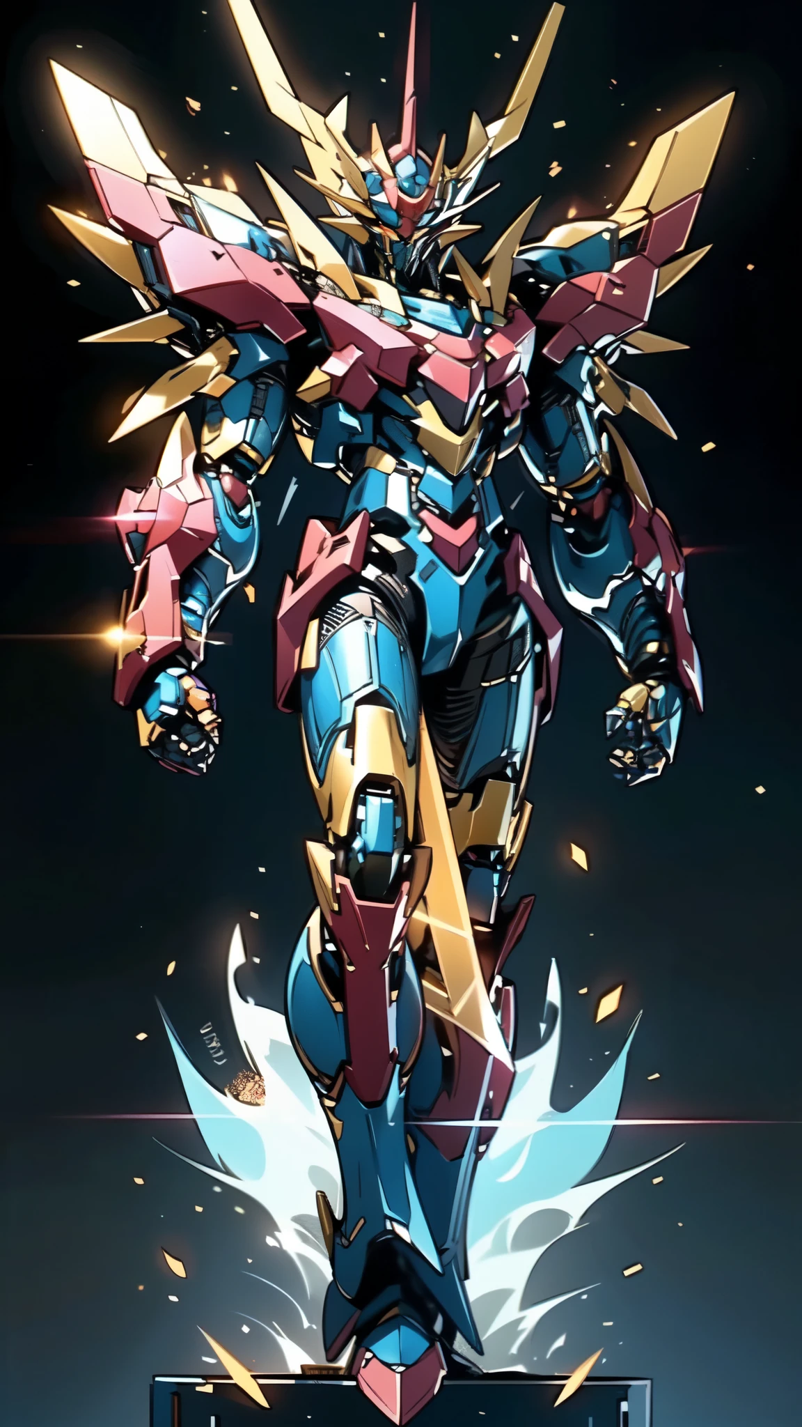 (masterpiece:1.5, best quality:1.5, extremely delicate:1.5), (male:1.5), humanoid Mecha, fully enclosed shoulder guards, matching arm and leg guards, full body, full armor, the design balances heavy with agility, (the color scheme is primarily White with Blue and Red accents, the concept Inspired by Mazinger Z, SRS), organic biotech armor, standing, floating high above the futuristic sci-fi city, exquisite and mature art style, (aura effect, glowing eyes, the armor glows), metallic, dramatic, high definition, highres, ultra-detailed, ultra-fine painting, professional, perfect body proportions, anatomically correct, symmetrical face, extremely detailed eyes and face, high quality eyes, creativity, RAW photo, UHD, 32k, Natural light, cinematic lighting, masterpiece-anatomy-perfect