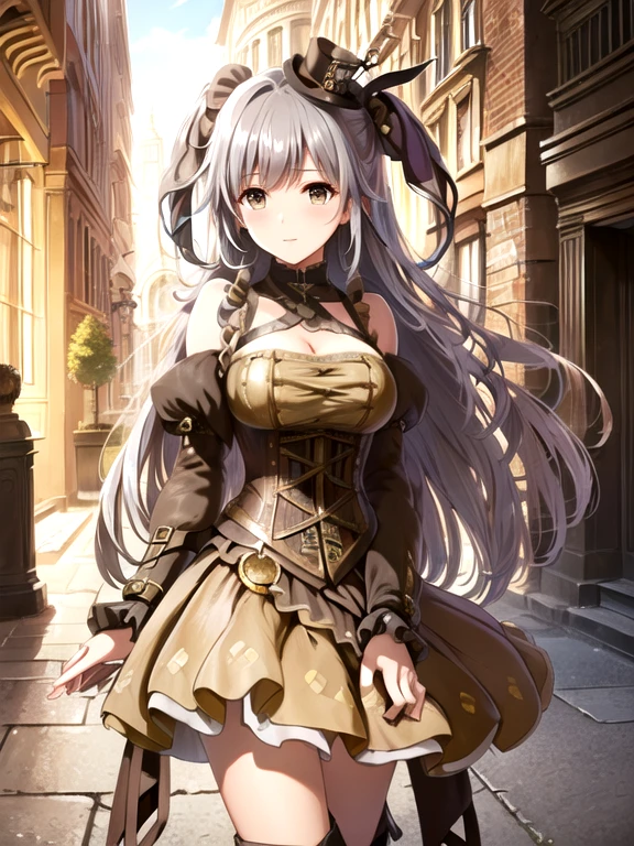 ((Steampunk:1.5))(background: London by night))((Alone、Woman wearing a long halter neck dress、Elegant woman posing:1.4、Detailed face、bright表情、Young, bright, Whiter skin、Great looks、Ultimate beauty、Shiny silver hair with highlights、輝くbright髪,、Style your hair:1.2、Hair dancing in the wind、Backlight,A little bit of Side Bust is visible)),Old dress, Layered Dress, Frillsドレス, Frills,Fishtail, corset,Side Bust, Long sleeve, Have, Knee-high boots