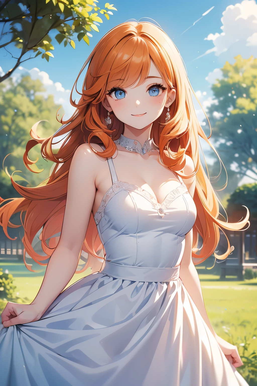 Woman, type 2 curly hair, reddish-orange hair, blue eyes and beautiful eyelashes, flirty dress, posing leaning on her back against a tree. Angelic face with a happy smile that is not too noticeable. Manga or manhwa style.