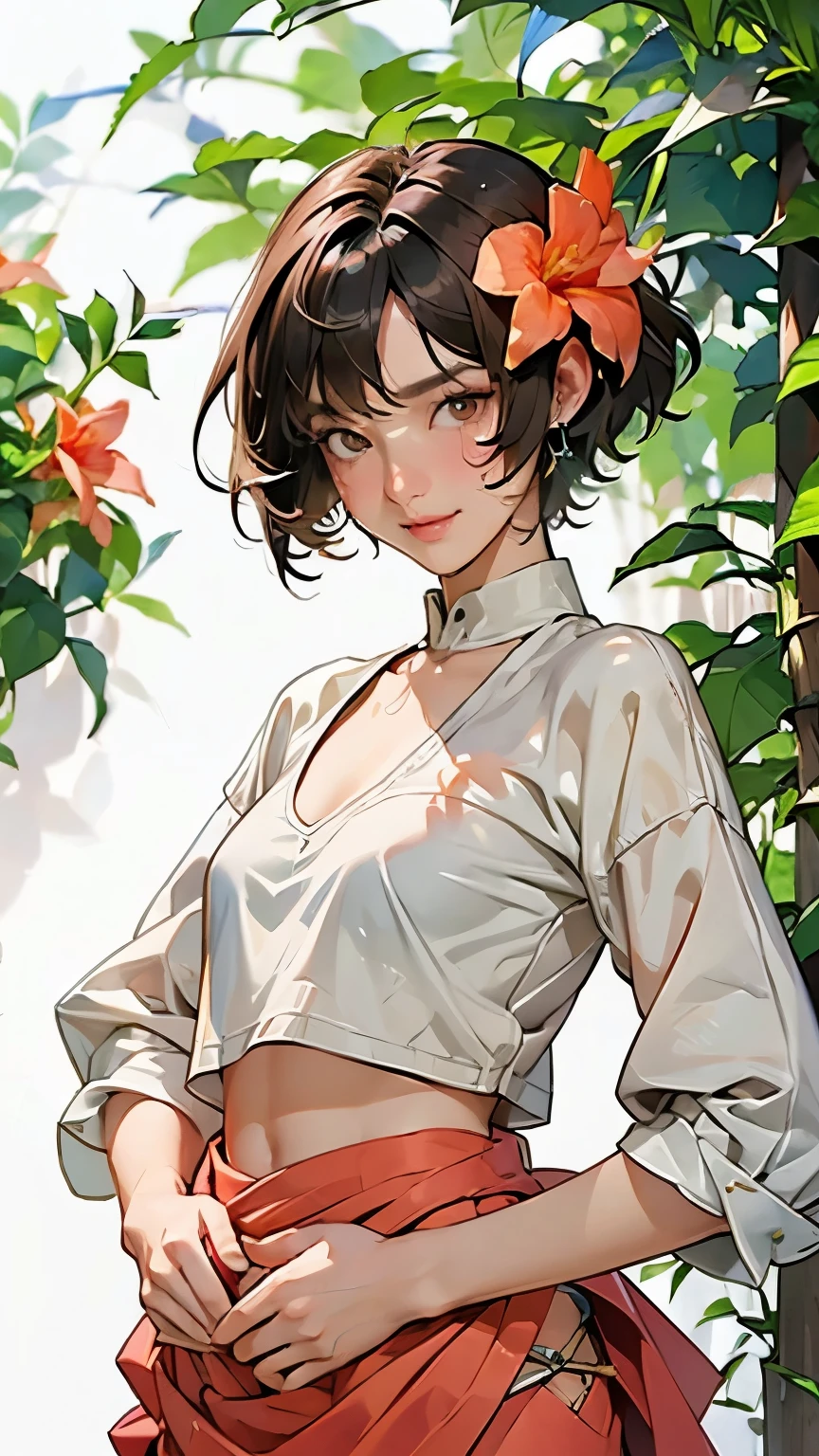 (Best Quality, masterpiece, High resolution)、(Anime Art)、 (reality)、Beautiful woman、(1 female)、(A branch of Trumpet Creeper flower)、(Please put your hands on your hips)、(Detailed depiction of a beautiful face)、Smiling gently、chest、Slim figure、medium Short Hair、Semi-long、Two-tone hair、Wet、sweat、bikini、micro bikini、A pareo skirt with bold ethnic patterns and plenty of primary colors、Realistic Skin、Wet、whole body、No zoom、No close-ups、Cinematic Light、Tropical Colors、(Blank Background)、(White background)、Perfect Face, Cute and symmetrical face, Shiny skin, Sunburned skin, (Short Hair:1.2, Bobcut:1.2, Brown Hair), Asymmetrical bangs, 