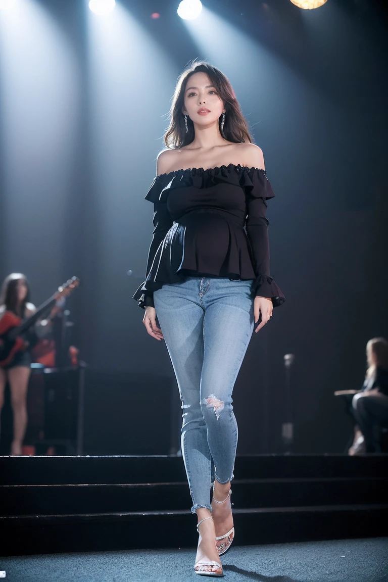 Woman in her 20s,((Model)) Take to the stage((Long sleeve peplum top))((Top with ruffled hem))((Black long skinny jeans))（Pregnant women） ((whole body)) ((sandals))((Black Skinny))((Fluffy frills spread around the abdomen))