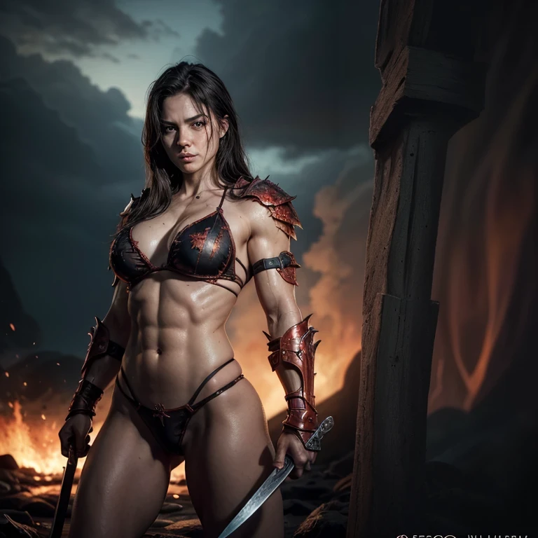 Conan-style female barbarian ultra details with sword in hand standing looking at me bloodied in battle