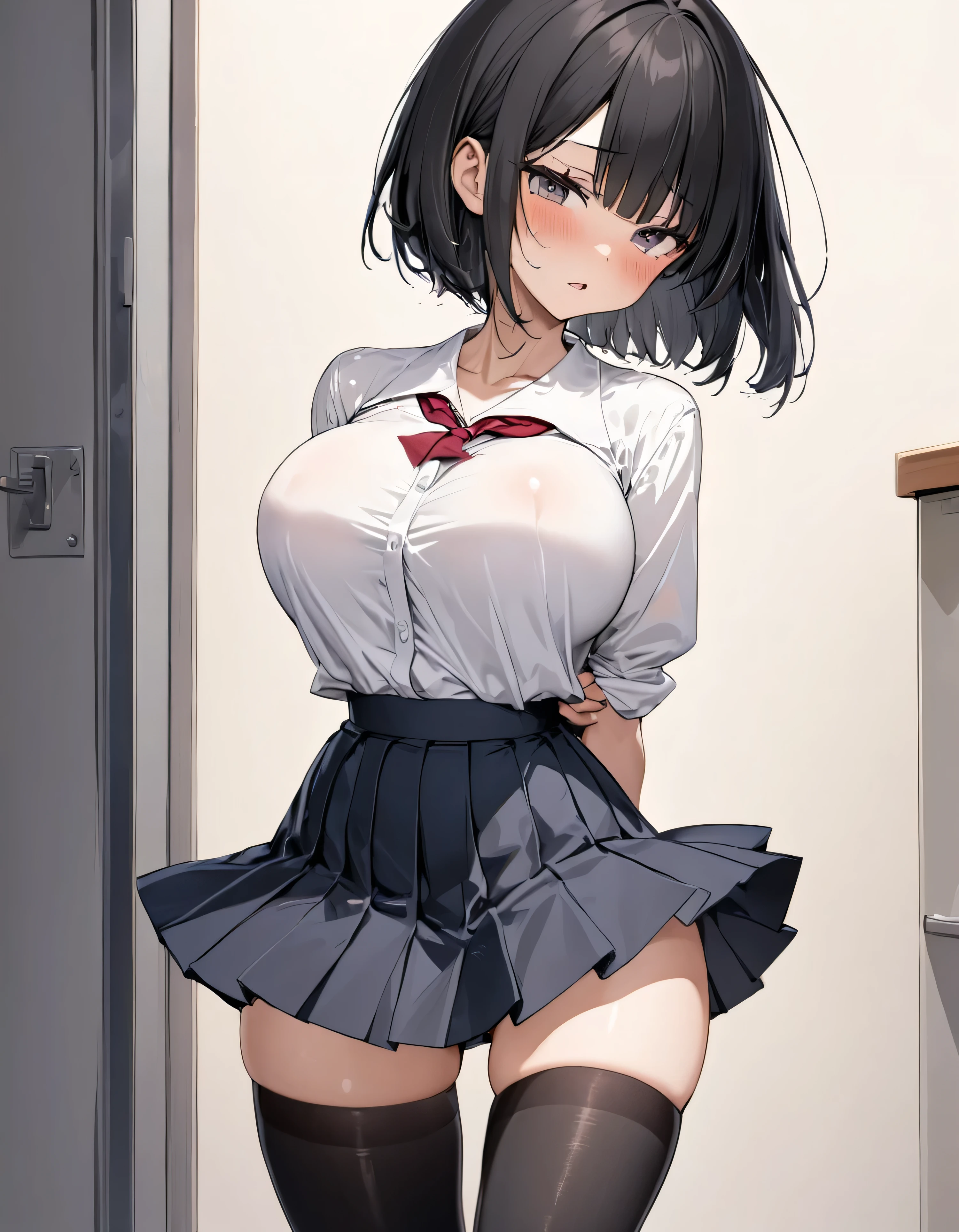 (solo), (1 skinny girl standing at school alone), (swaying back), arms behind back, tiptoe, BREAK, black bob cut, blunt bangs, (violently bouncing huge breasts:1.3), bursting huge breasts, (long breasts), narrow shoulders, very short torso, skinny narrow waist, long skinny legs, BREAK, school uniform, (white blouse with closing chest:1.2), pleated black high-waist skirt, thigh gap, (inky-black thighhighs:1.3), BREAK, {orgasm}