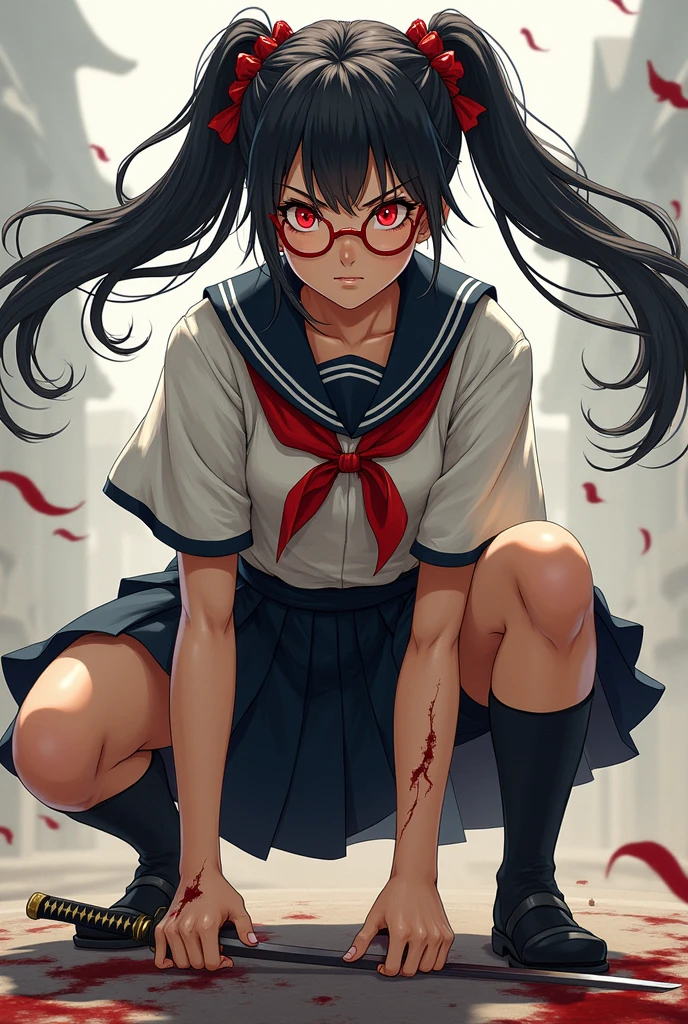 Anime Kawaii sexy Perfect Slim sensual body large breast and huge thighs, An intricate and highly detailed illustration of anime (Young girl). 1 girl, zombie, black hair, ponytail, red eyes, wearing glasses, nurse hat, medium bust, sweating, thigh-high black boots, standing, (best quality,4k,8k,highres,masterpiece:1.2),ultra-detailed,(realistic,photorealistic,photo-realistic:1.37),horror,dark fantasy,dynamic pose,dramatic lighting,cinematic,moody atmosphere