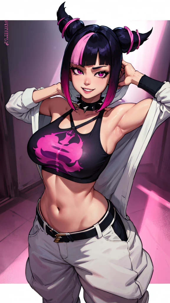 Juri Han looking down at viewer with lust, big grin, busty, curvy,  asymmetrical hair, black hair, diagonal bangs, hair horns, medium hair, multicolored hair, (purple eyes:1.1), pink hair, two-tone hair,
black collar, chinese clothes, collar, crop top, navel, spiked collar, spikes, pants, baggy pants,