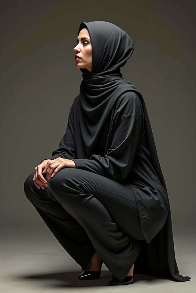 Black headscarf on the beach, black baggy sweatpants, white long sleeve t shirt, barefoot, sexy and skinny woman. Man lying on his stomach in front of woman. Woman puts her foot on the front of man&#39;s pants. 