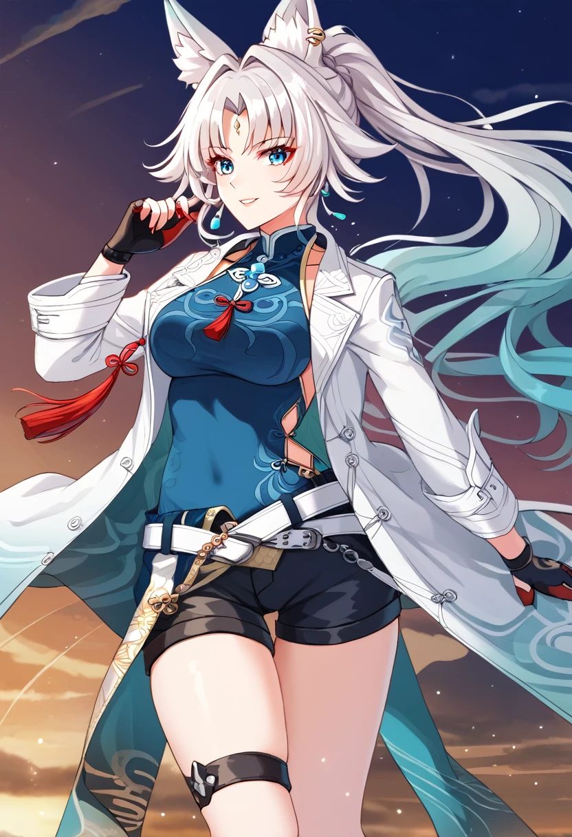 masterpiece, (best quality:1.3), highres, FeixiaoDefault, animal ears, long hair, ponytail, gradient hair, white hair, blue eyes, forehead jewel, ear piercing, tassel hair ornament, tassel earring, blue shirt, chinese clothes, brooch, red tassel, white coat, black gloves, fingerless gloves, white belt, blue waist cape, black shorts, thigh strap, knee boots,