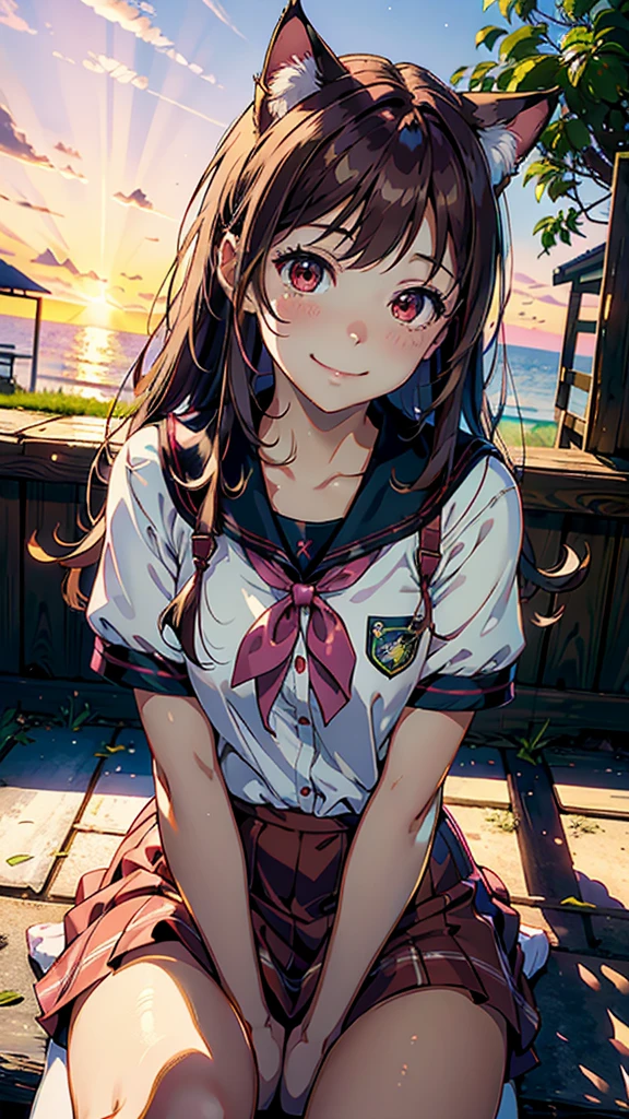 panty shot, ((A single strawberry)), ((Panties with a single strawberry printed on them)), Cover your chest with your arms, super cute, sailor suit, very Short pleated skirt, Beautiful Face, ((Slightly embarrassed)), (blow upskirt), (skirt lifted by wind, Skirt flipped by the wind), Super detailed, ((masterpiece, best quality, high resolution)), Highly detailed CG, from below, ((Ichigo 100% character Toujou Aya)), (High quality, high quality texture, Beautiful detailed, fine detailed, extremely details CG), Detailed texture,