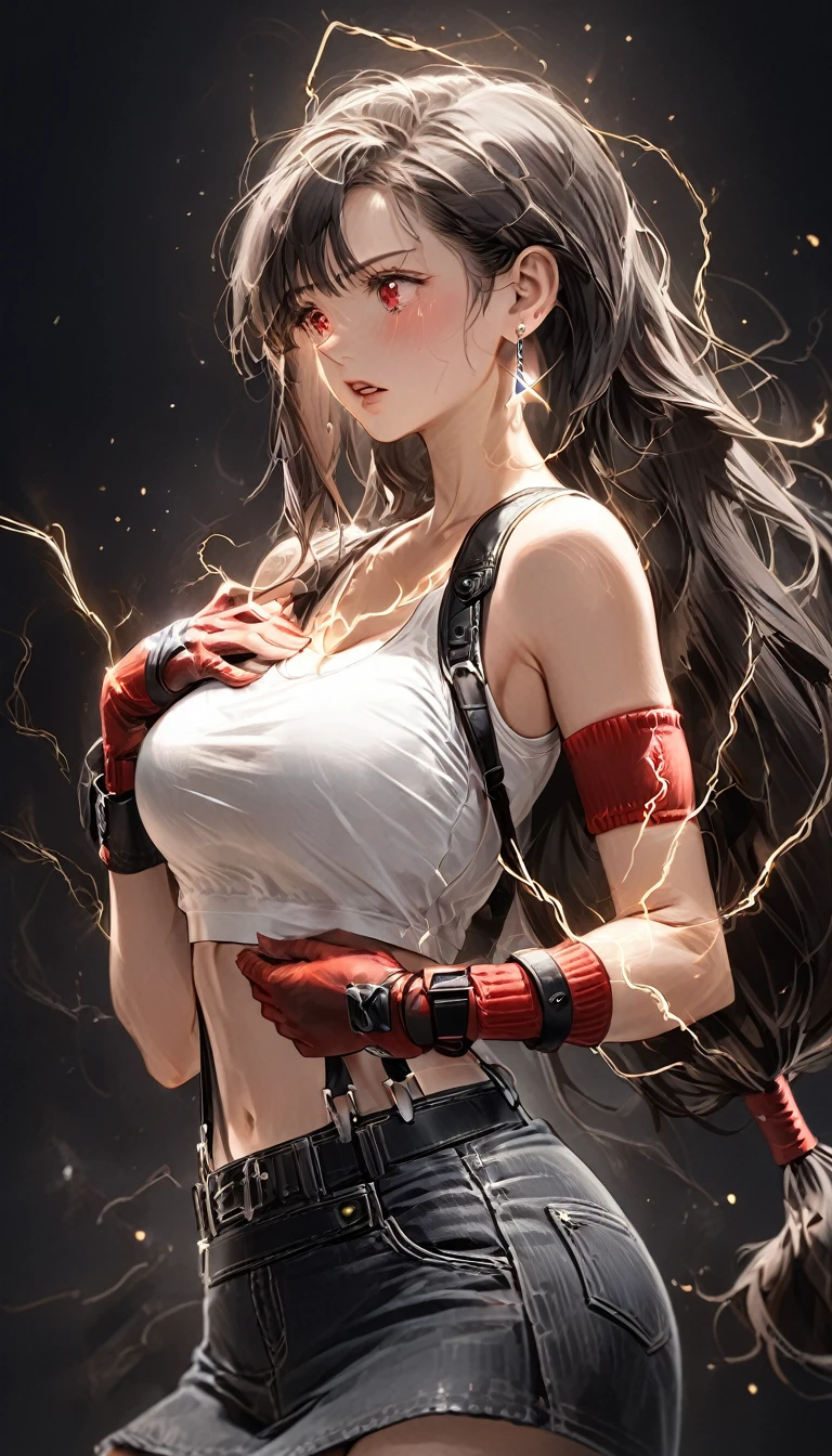 masterpiece, best quality, 1girl, defTifa, crying with eyes open, parted lips, electricity, hand on own chest, red eyes, low-tied long hair, earrings, white crop top, suspenders, arm warmers, red gloves, cowboy shot, mad-wsps