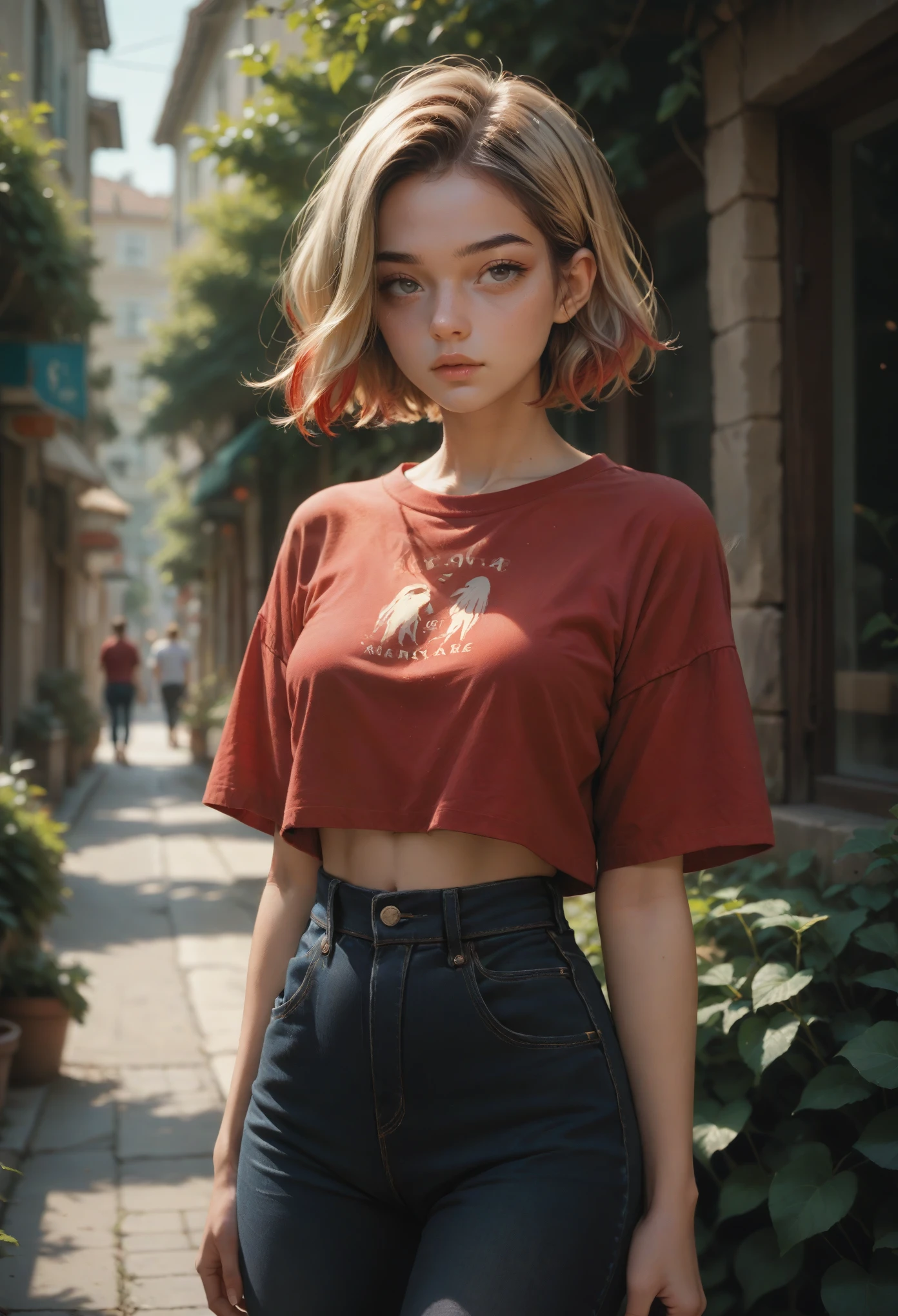 A waist-up portrait of a young beautiful of mixed-races girl,, soft natural skin, medium bob hairstyle, brunette with blonde highlights,   red shirt black jeans, outdoor settings