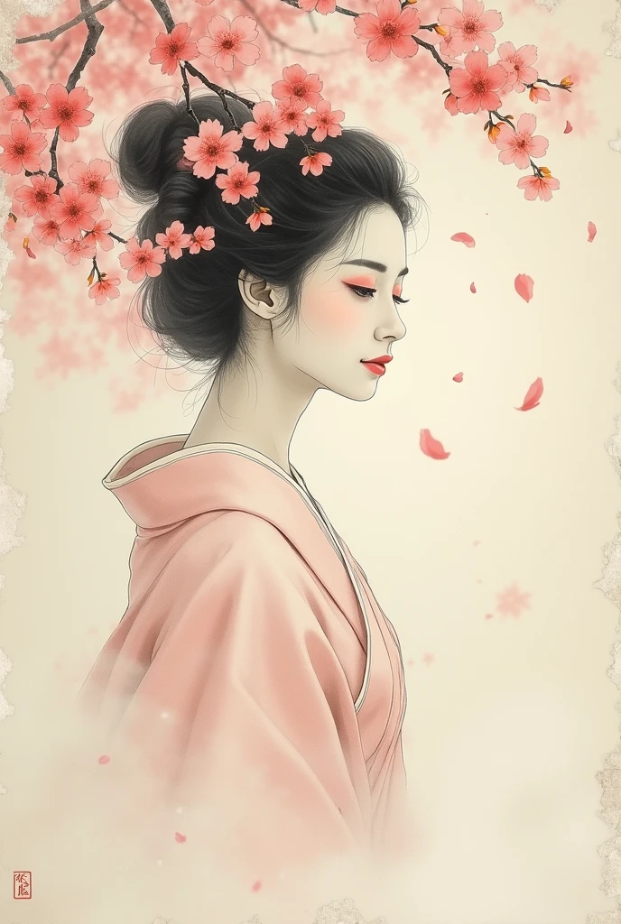 cute young asian woman, long black hair, small breasts, nude, nudity, no_clothes, naked, sad face, big droopy eyes, small lips, small mouth, small nose, long eyelashes, cherry blossom trees, black eyes, thin eyebrows, eyes drooping on outer side, retro artstyle