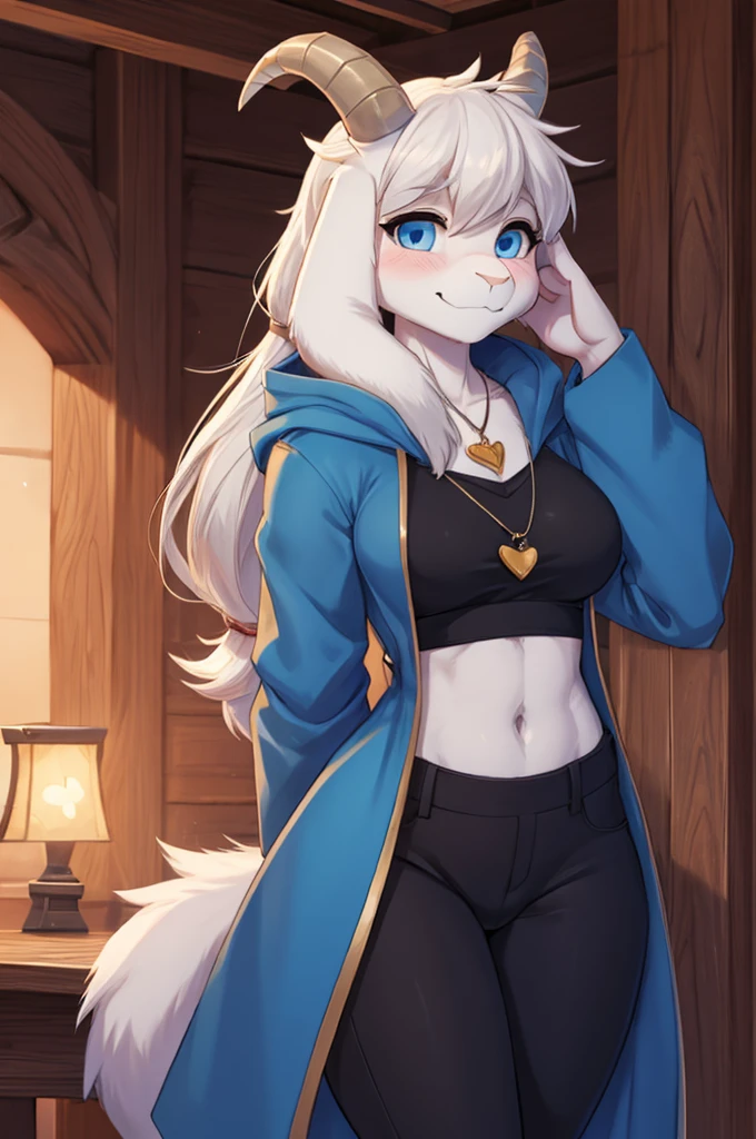 woman, young adult, shy, facial expression (ashamed), shy, alone, walking through a kingdom, furry, goat, anthropomorphic goat, Asriel, Undertale ((Asriel Dreemurr)), average large breasts, big ass, wide hips, body perfect female, tall, ((long hair, long white hair, straight hair)), blue eyes, anthropomorphic face, cartoon, smile, eskimo coat ((blue coat, no drawing, eskimo coat)), metacarpal paw, black blouse ((white heart in the middle, black pants)), wears a golden heart pendant, goat tail, short horns, white horns ((droopy ears, big ears)), goat paw, anthropomorphic paw, detailed, best quality, better detail, details and quality.